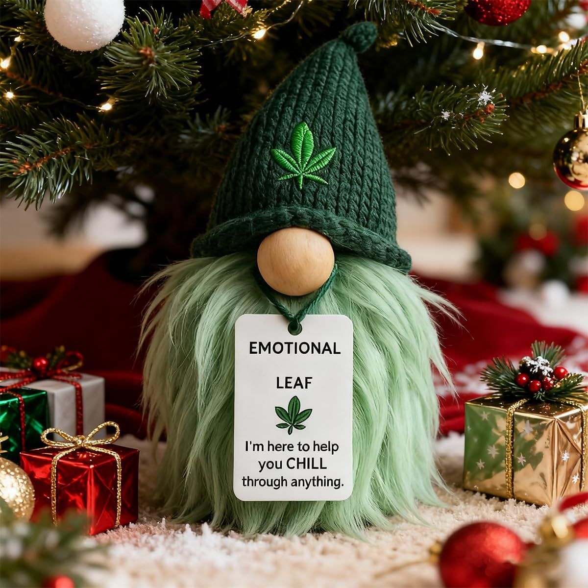 Emotional Support Weed Gnome Crocheted Doll – Handmade Knitted Plush Table Desktop Figurine with Beanie & Motivational Tag, Novelty Birthday Party Gift — image 6