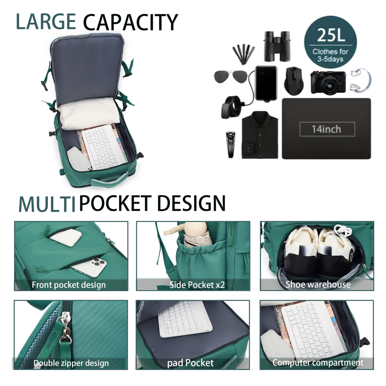 Light Green 25L Travel Laptop Backpack with Shoe Compartment 180 Degree Opening Carry On Rucksack Fits 14 Inch Laptop Ideal for Business and Weekends — image 5