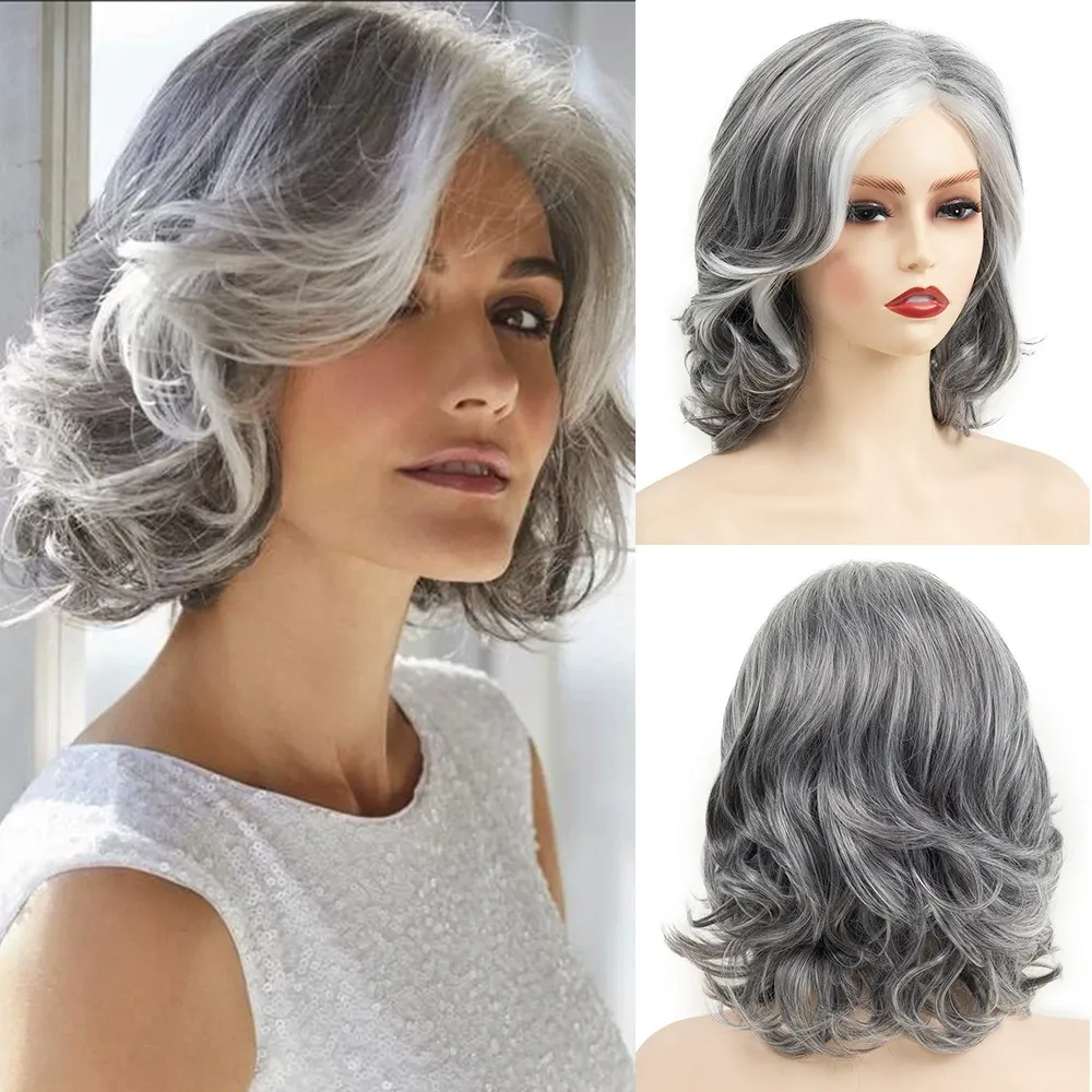 Grey Curly Wavy Wig for Women Mid-Length Gray Synthetic Natural Looking Heat Resistant Halloween Cosplay Wig — image 5
