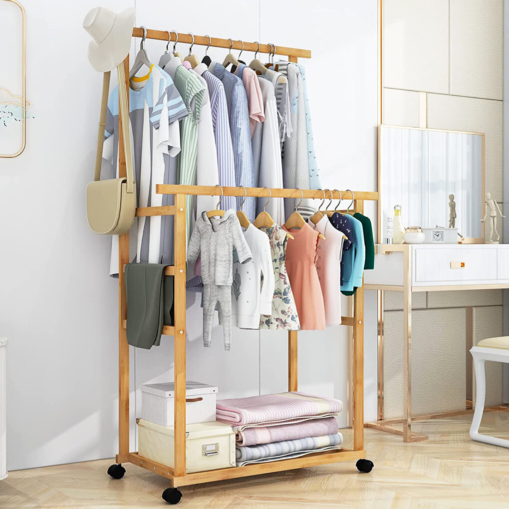 Double Rail Heavy Strong Rolling Clothes Rack with Trousers Rack & Bottom Shelf — image 3