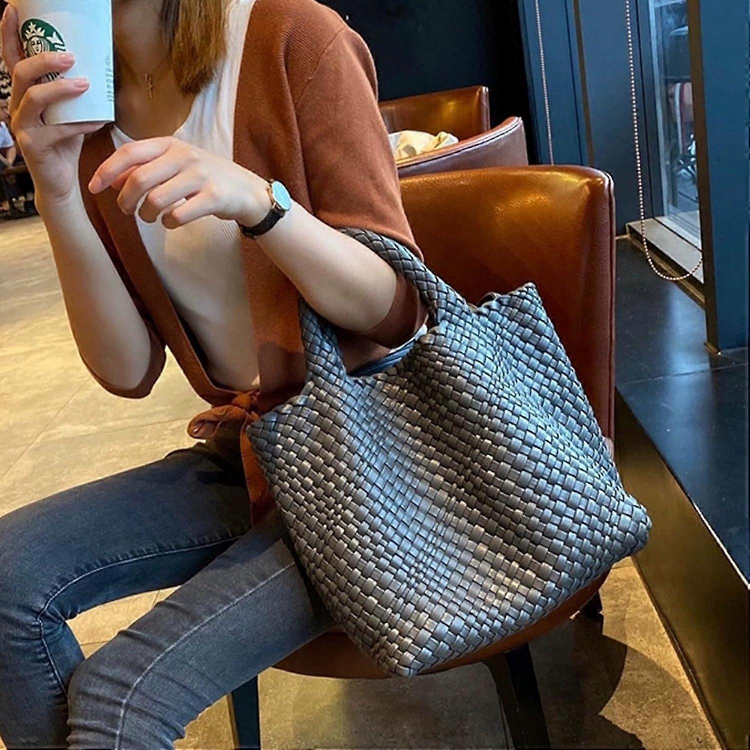 Woven Tote Bag for Women Soft Leather Handbag with Pocket โ image 5