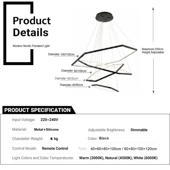 BAMDECOR AD2582/4 Modern LED Chandelier, Hexagonal Rings Ceiling Lighting Contemporary Chandeliers (4 Rings-Black) — image 5