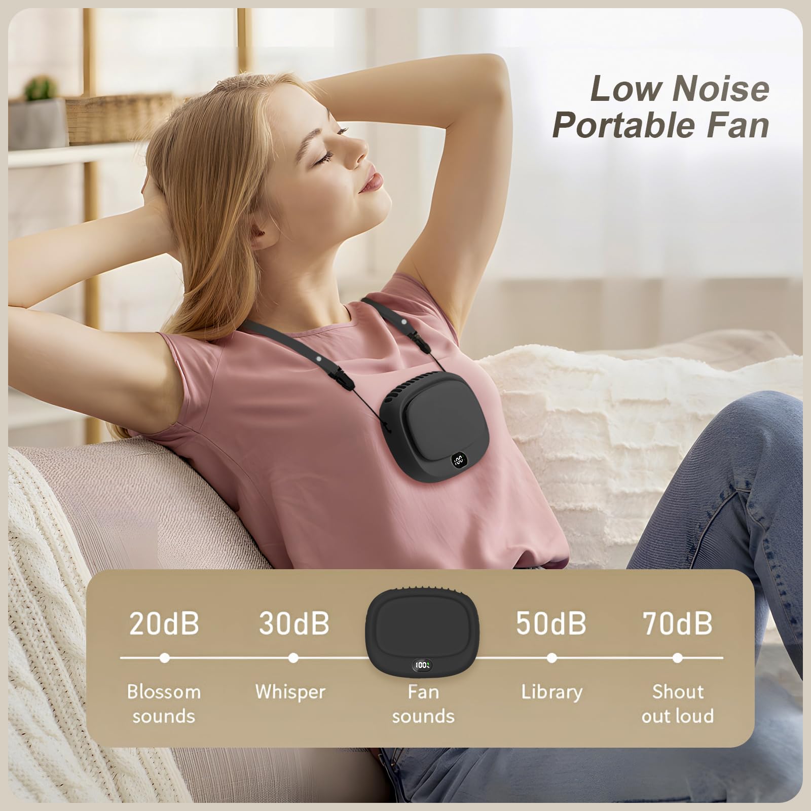 Portable Neck Fan with 5 Speeds – Rechargeable USB Mini Fan for Outdoor Travel, Work & Camping – Silent Personal Cooling Fan (Black) — image 3