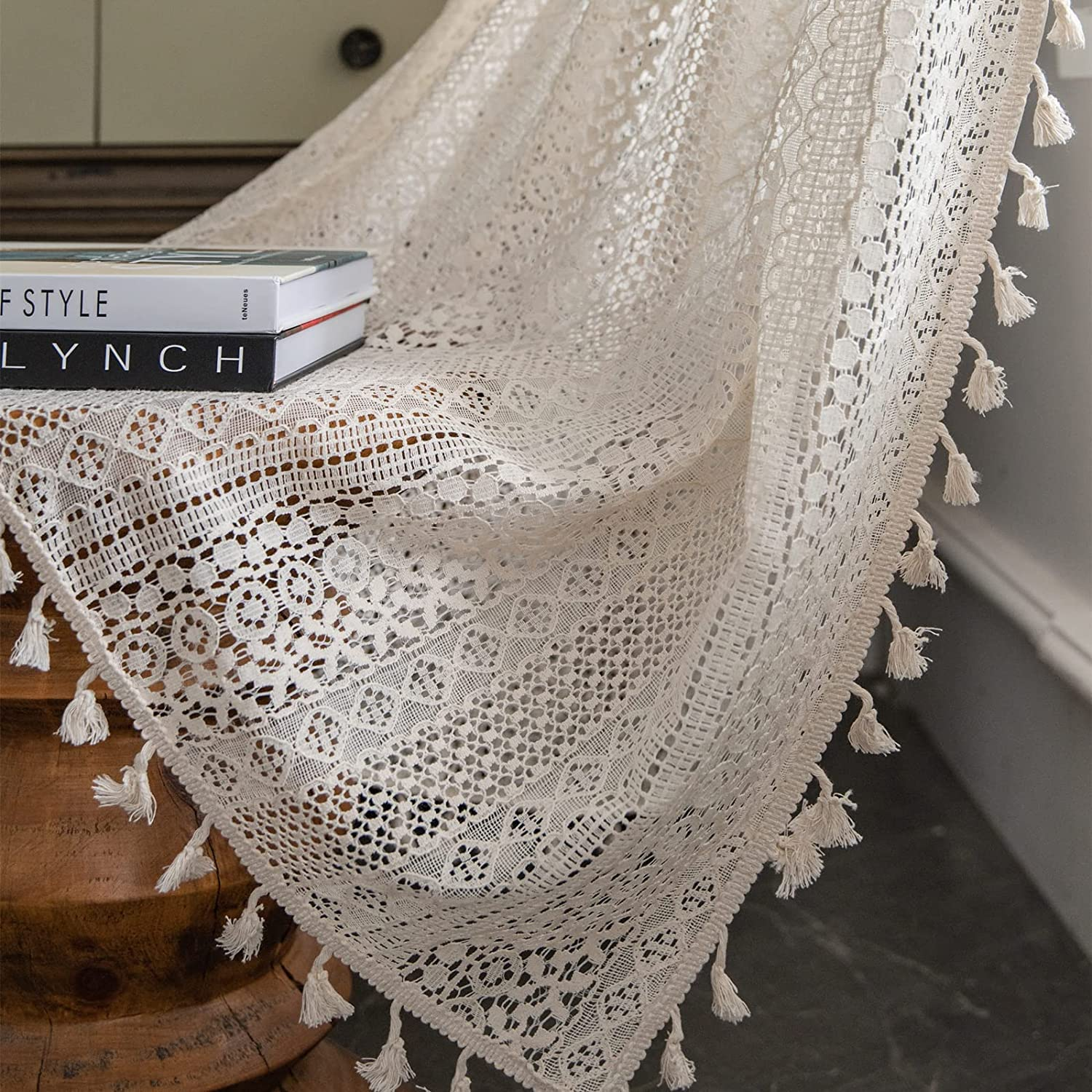 Curtains Crochet Lace Semi-Sheer Bohemian Hollow Knitted Handmade Tassels, Rod Pocket Window Treatment Vintage Rustic Farmhouse — image 2