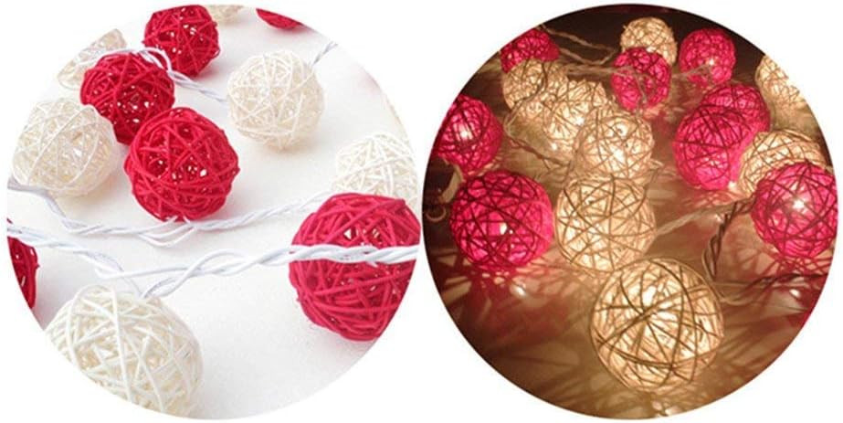 1 Set of Red and White5cm Rattan Cane 20 Ball Battery Powered 3m String Lights Christmas Gift Home Wedding Party Bedroom Decoration Table Centrepiece โ image 4