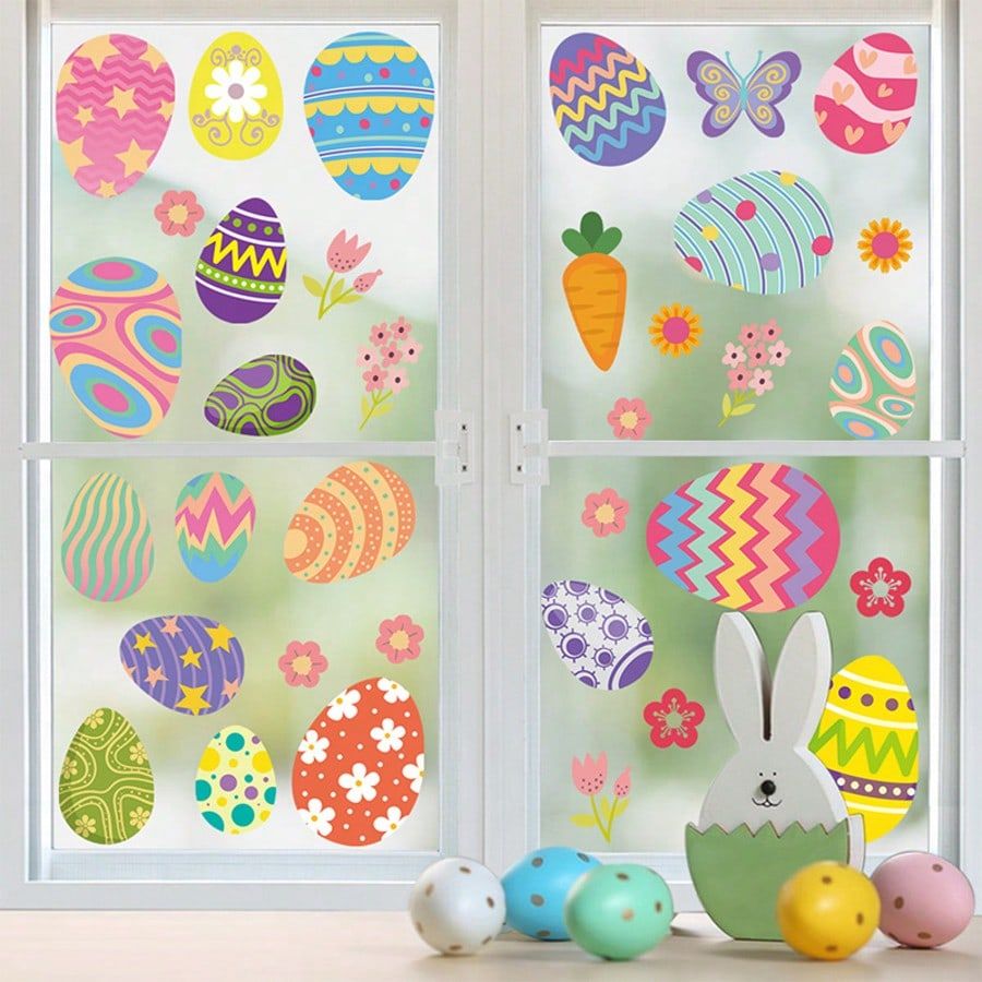 Easter Window Clings for Glass – 4 Sheets Easter Eggs Flowers Window Stickers, Decals Decorations, Spring Party Supplies