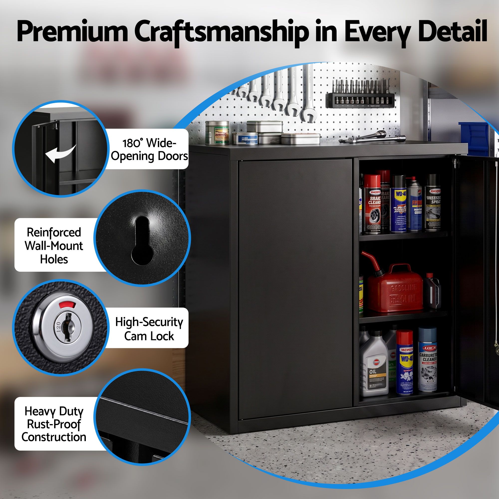 Giantz Steel Tool Cabinet Wall Mount Adjustable Shelf Garage Storage Lockable Black — image 3
