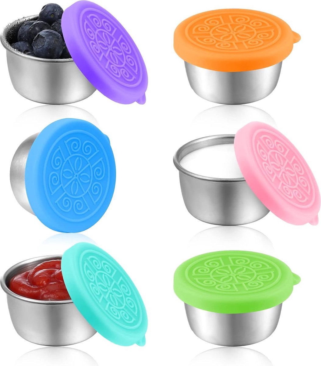 Mini Food Storage Containers - Stainless Steel Snack Box - To Go Set of 6 Dressing Jars 50ml - Sustainable Snack Boxes - Freezer Containers - Lunchbox Seal Cup