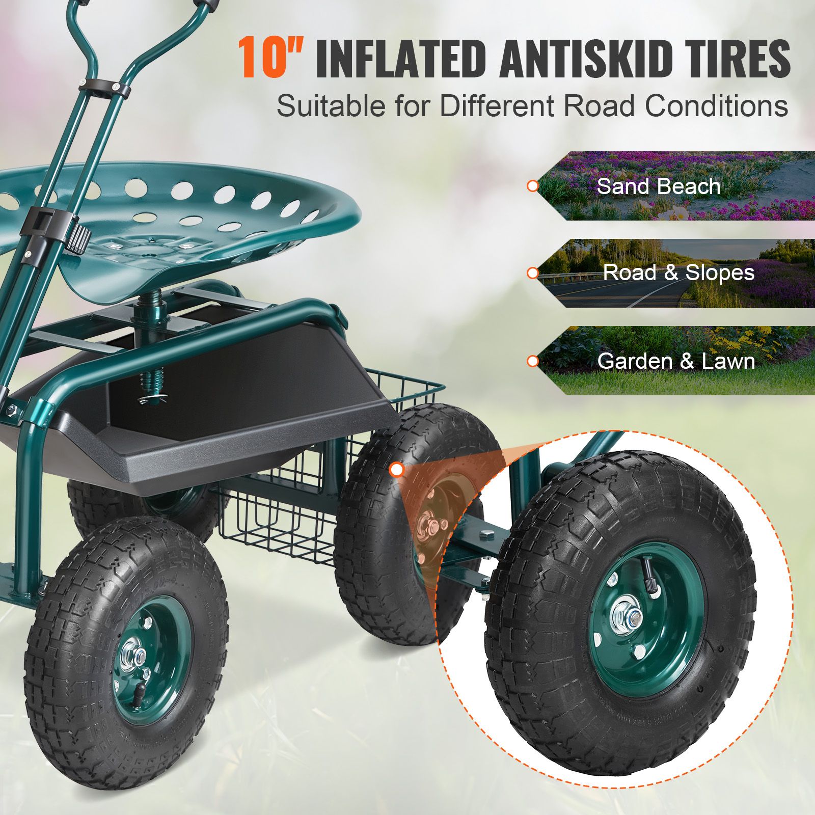 Garden Cart Rolling Workseat with Wheels, Gardening Stool for Planting, 360 Degree Swivel Seat, Wagon Scooter with Steering Handle & Utility Tool Tray, Use for — image 4