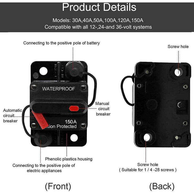 Car Circuit Breaker 30A - 150A, Dc 12V - 48V Waterproof Circuit Breaker With Manual Reset For Auto Car Marine Boat Bike — image 3