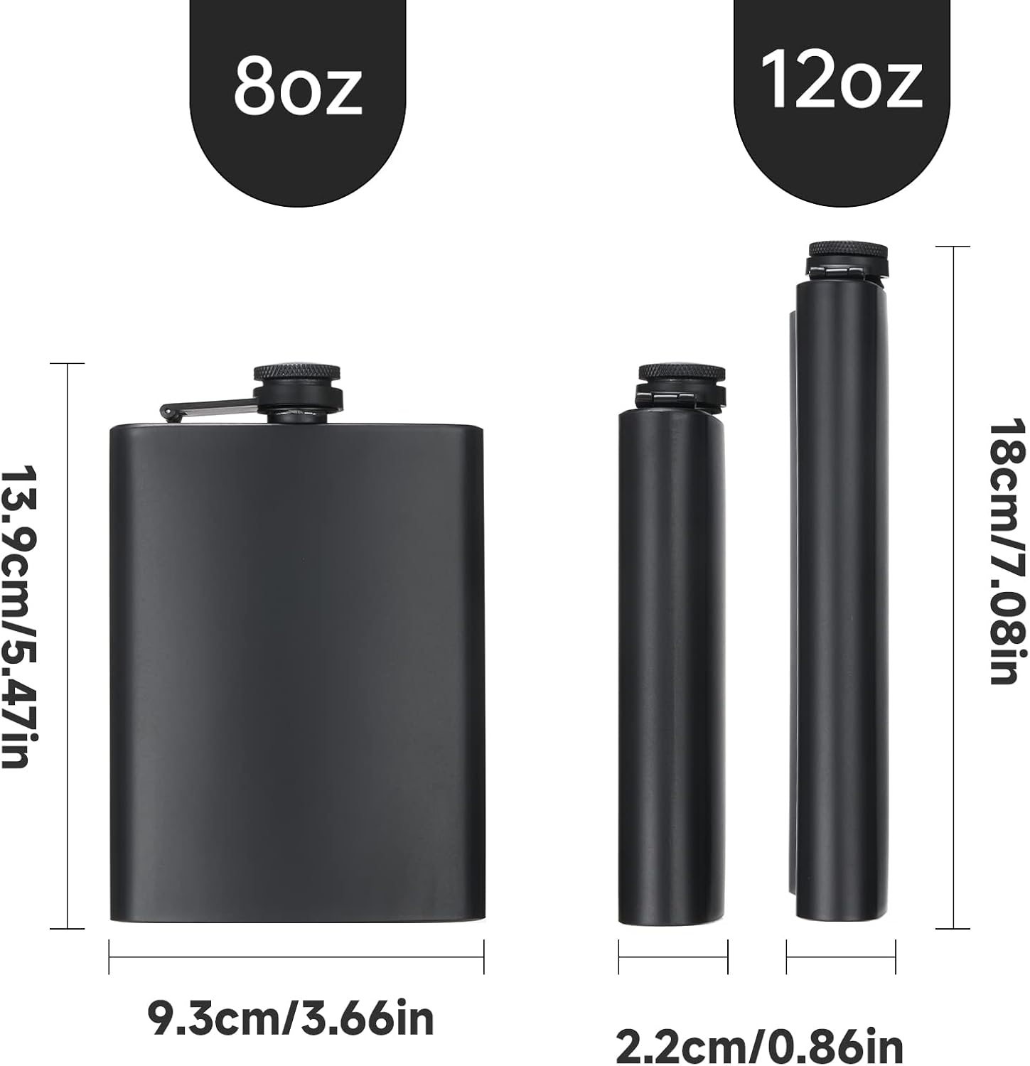 2-pack hip flasks, 8oz and 12oz stainless steel leak-proof slim hip flasks with funnel for men and women (matte black) โ image 4