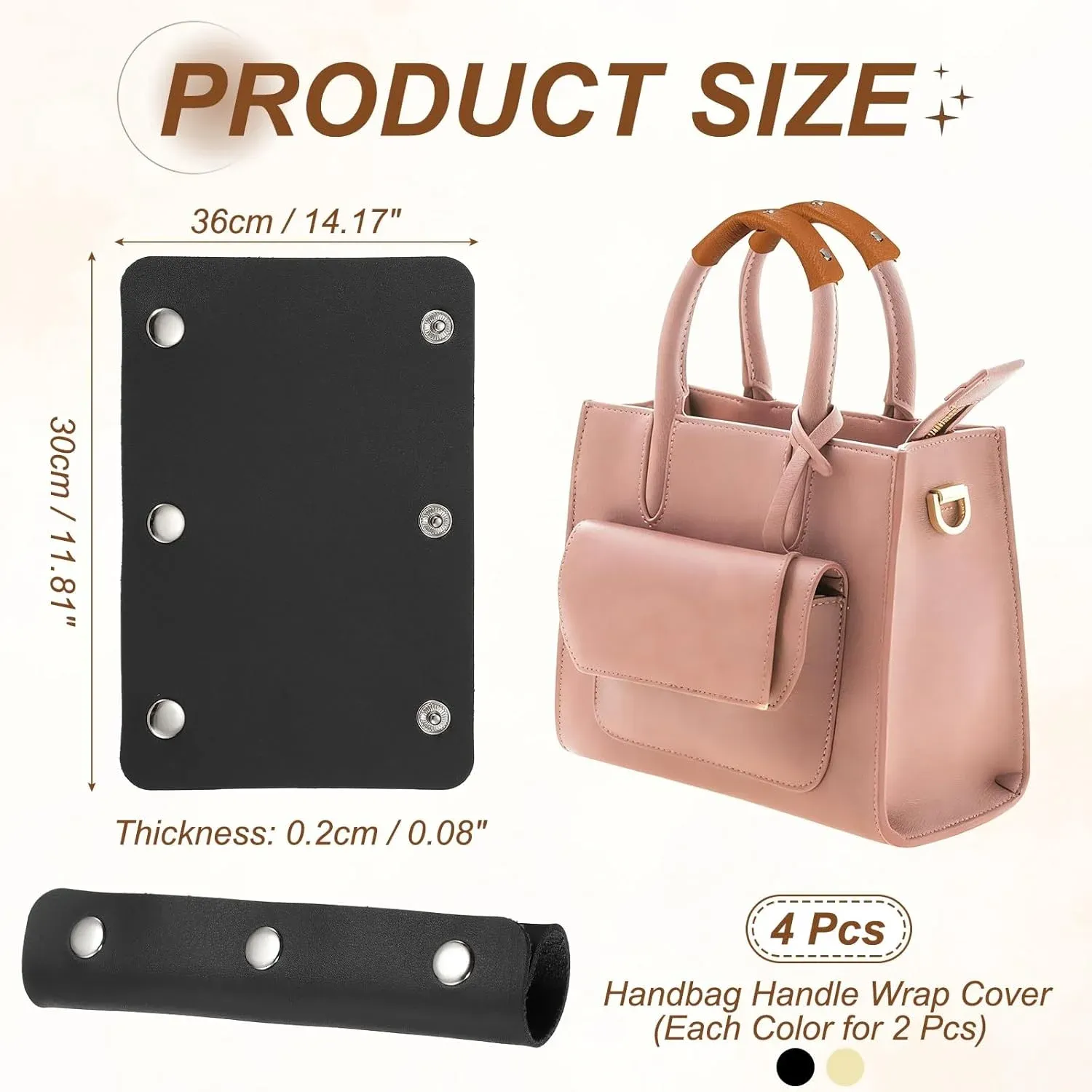4 Pcs Handbag Handle Covers, PVC Leather Grip Protectors with Buckles, Beige and Black โ image 2