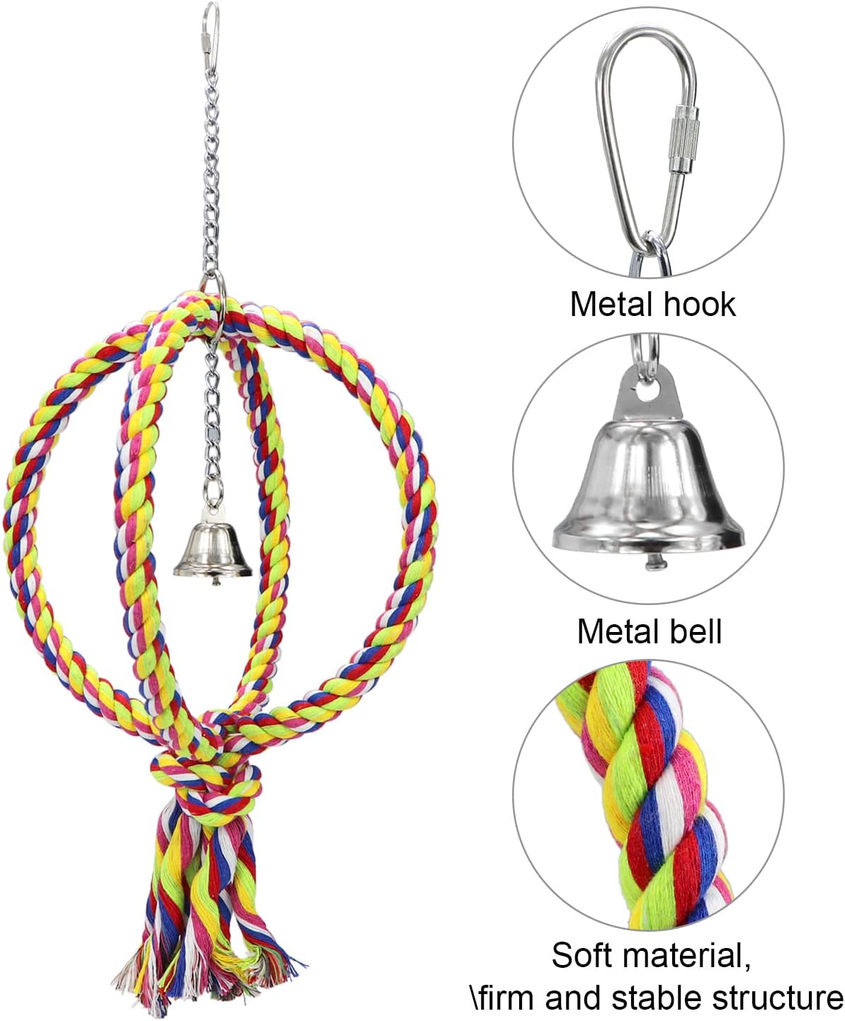 Bird Swing Perch Stand Cotton Rope 2 Two Rings Toy for Parrot Budgie Parakeet Cockatiel Conure Lovebird Finch Canary Cockatoo African Grey Macaw Eclectus โ image 3