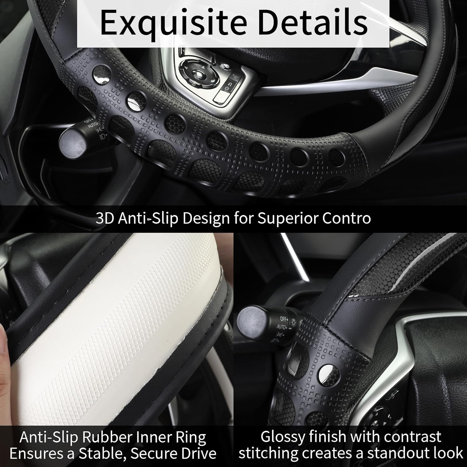 PU Leather Car Steering Wheel Cover with Non-Slip Grip, Suitable for Both Men and Women, Universal Fits 14.5-15 Inch Cars, Trucks, SUVs (Black (Round), Medium — image 4