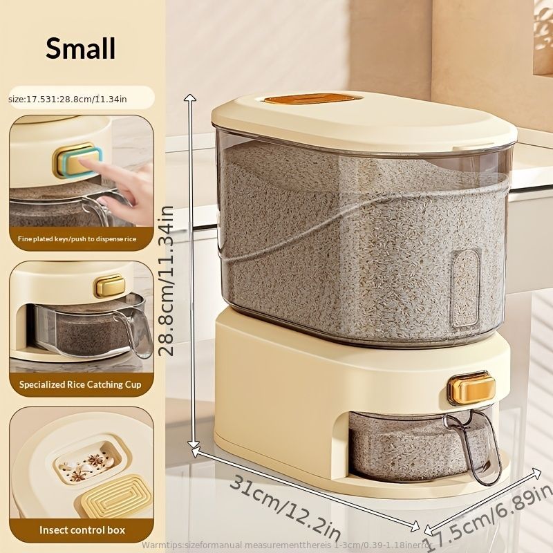large capacity rice dispenser, measuring cup, time scale, plastic grain storage container, sealed food storage, insect proof food storage, moisture proof food