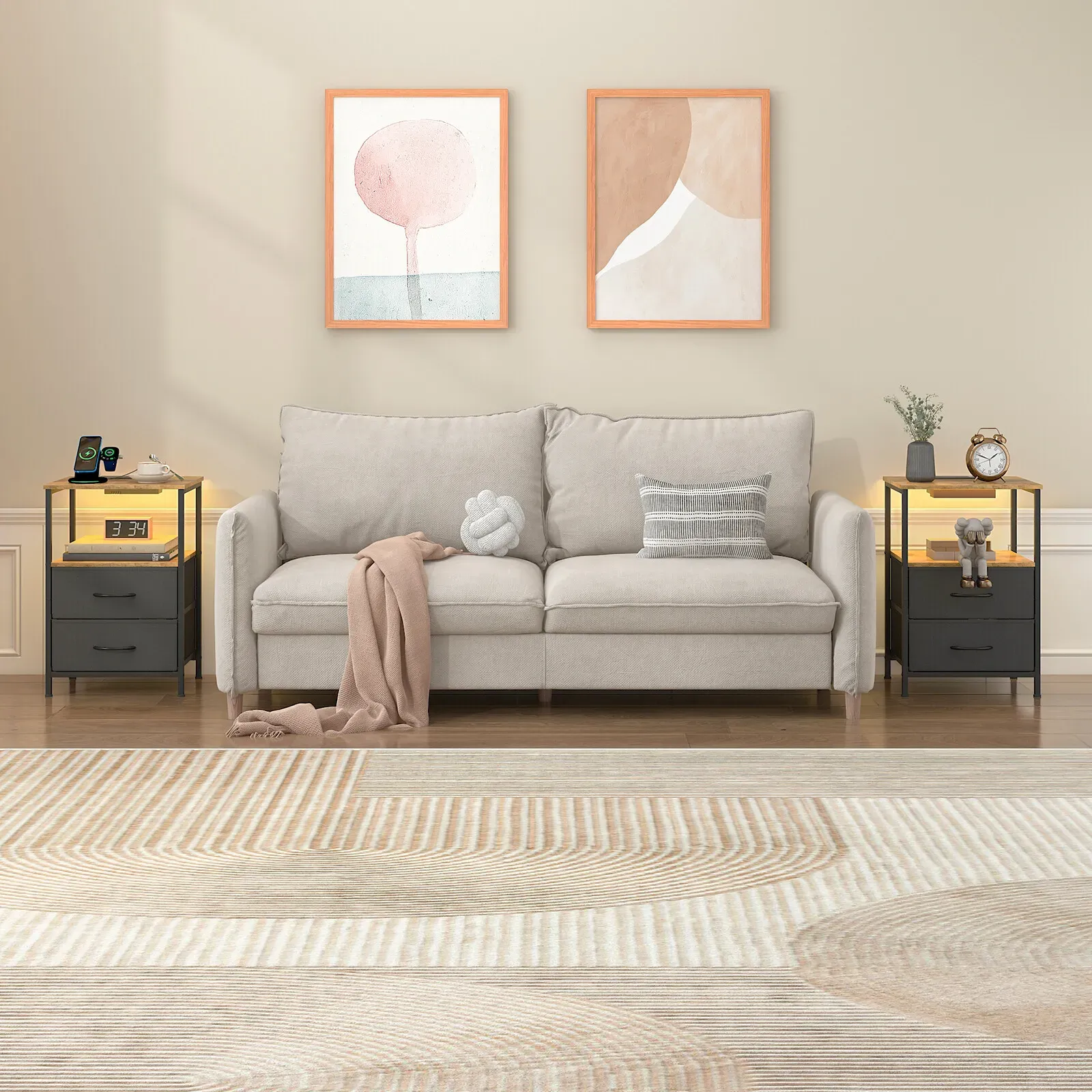 Black and Brown Nightstand with LED Light, Charging Station, and Storage - 60x40cm โ image 3