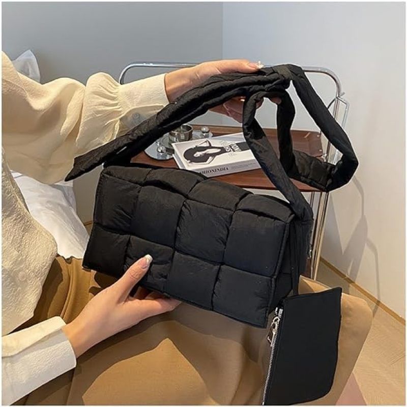 Women Puffer Woven Bag Padded Designer Crossbody Bags Woven Purse Down Shoulder Bags light weight With mother and child bag — image 3