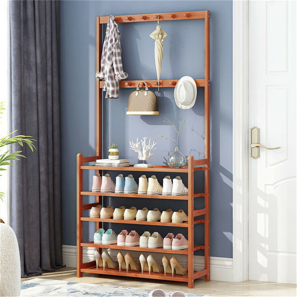Bamboo 5-Tier Hat Coat Shoe Rack Entryway Bench Hanger Storage — image 6
