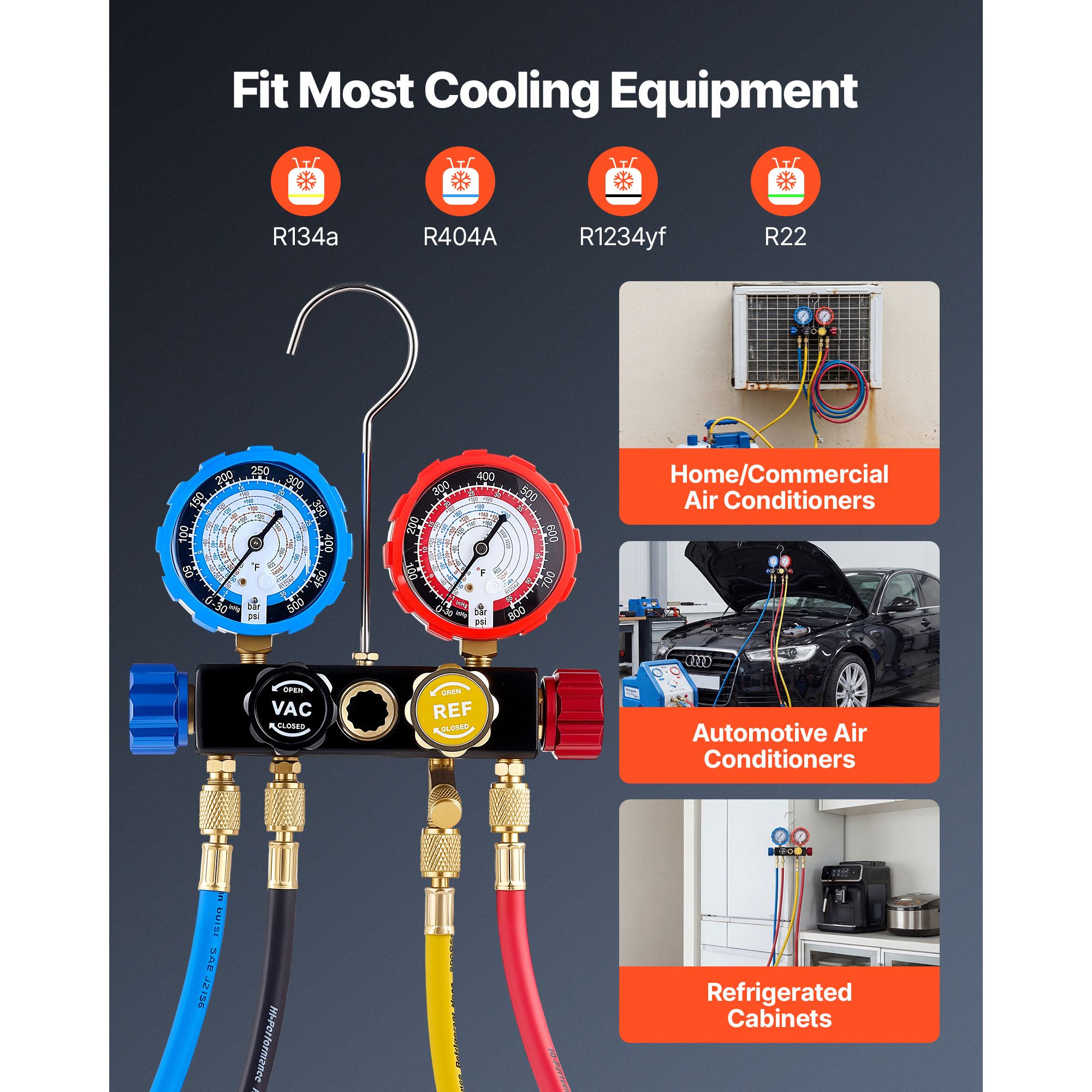 AC Manifold Gauge Set for R134a R404A R1234yf R22 Refrigerant, 4 Way AC Gauge with 1.5m Hoses, Adapters, Quick Couplers, Can Taps for Automotive Air — image 3