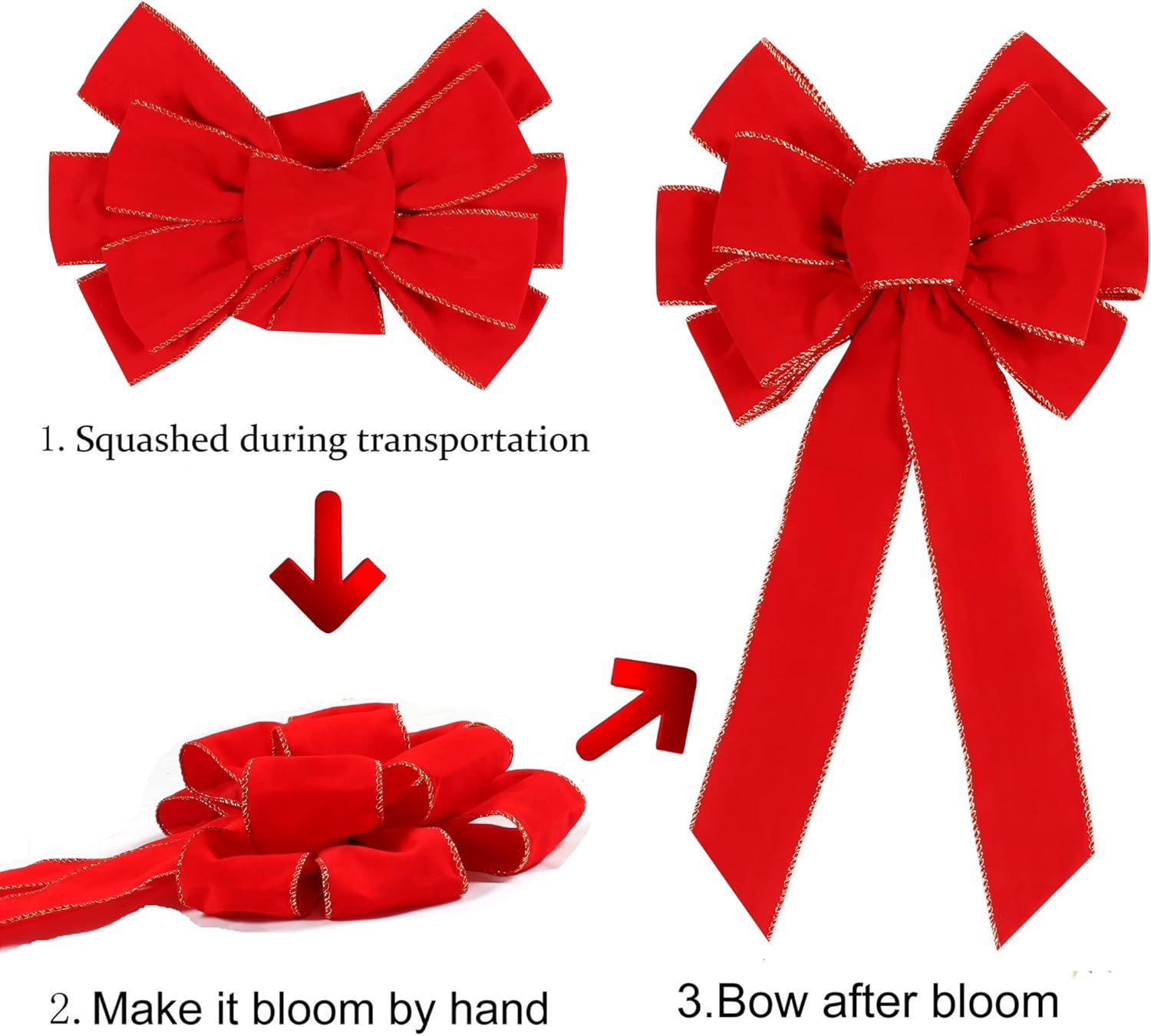 2 Pack Red Christmas Bows Outdoor Decorations, 12”x20” Large Christmas Tree Topper Bow, Velvet Wreath Bow with Glitter Gold Edge for Xmas Home Front — image 4