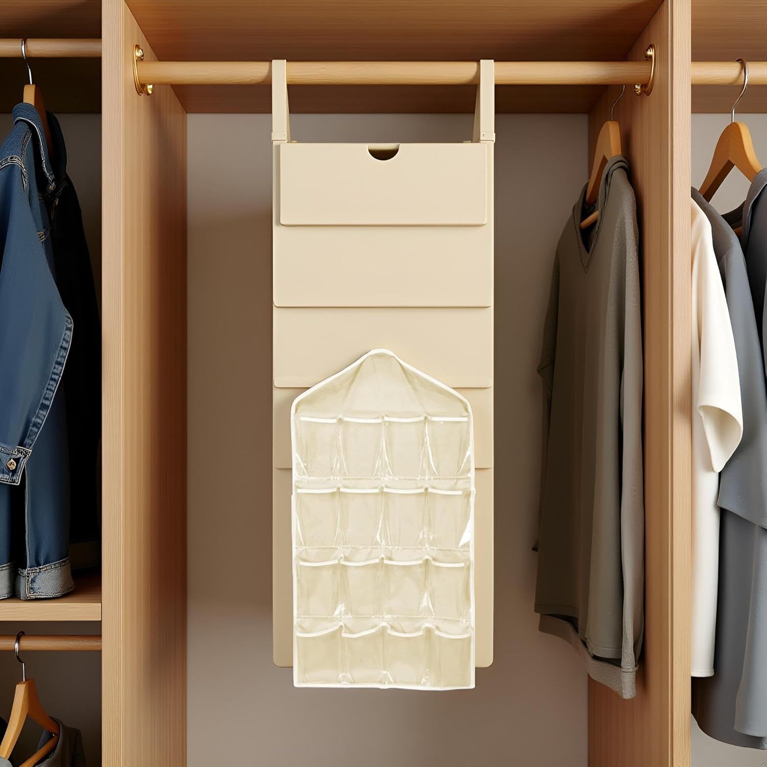 Beige Hanging Storage Bag for Closets, Portable 16 Pockets Hanging Organizer for Socks, Bras and Underwear, Closet Organizers and Storage Closet Bag, Behind — image 4