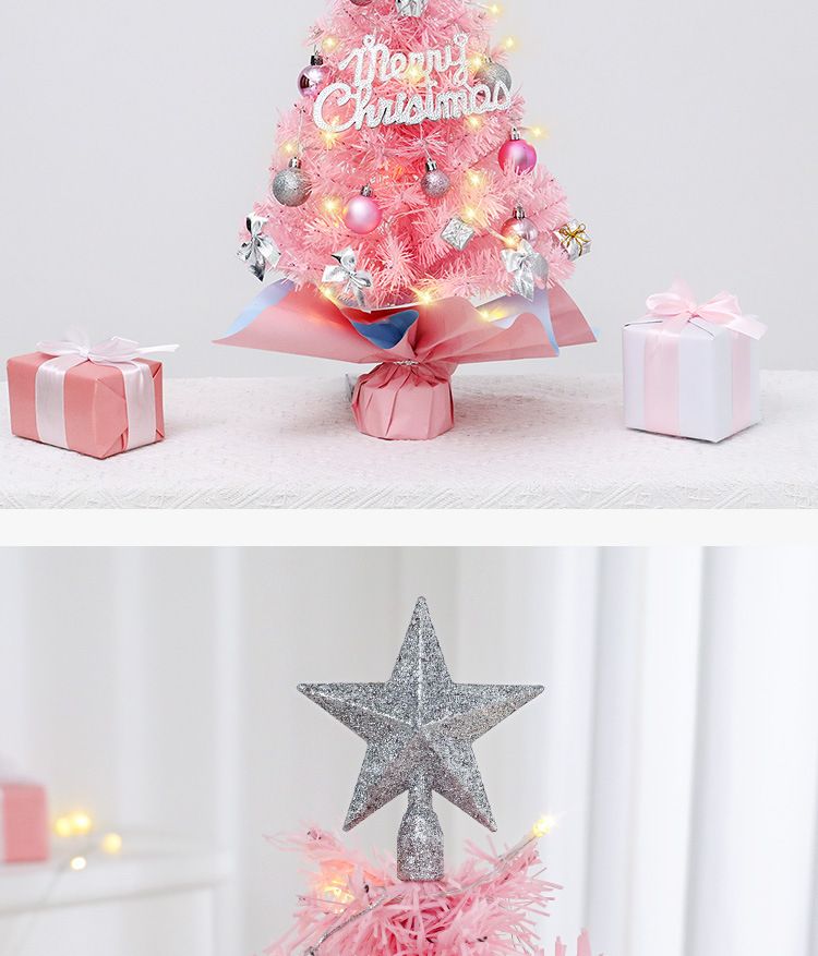 45cm Pink Mini Christmas Tree | Natural Log Base, Pink & Blue Wrapped Design, Star Topper, Letter Sign, Ornaments & Bows, Sweet Desktop Holiday Décor (No — image 5