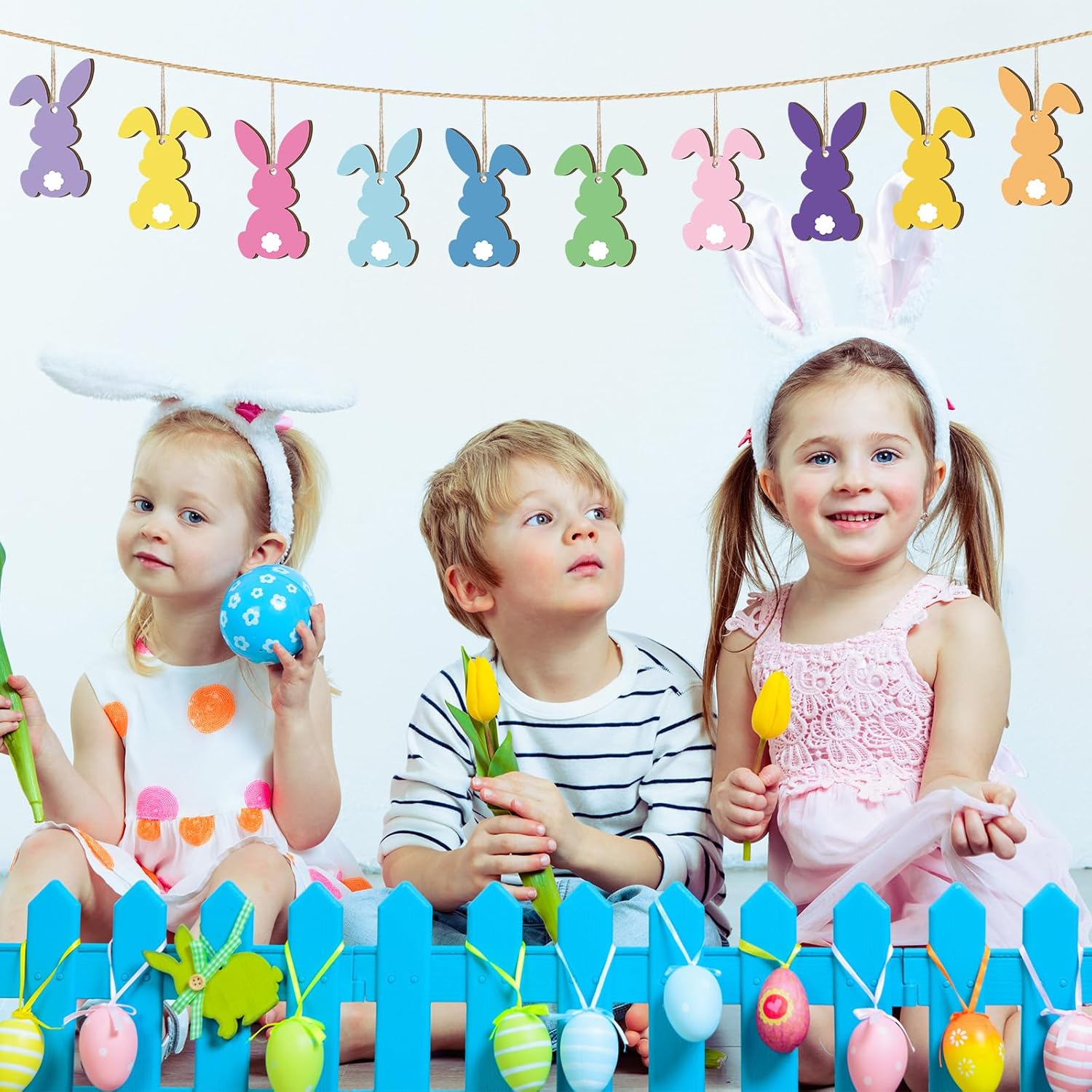 36 Pcs Easter Bunny Tree Ornaments Easter Wooden Hanging Decor 12 Color Rabbit Embellishments for Tree Wood Bunny Tags Rabbit Shape Cutouts with String for — image 5