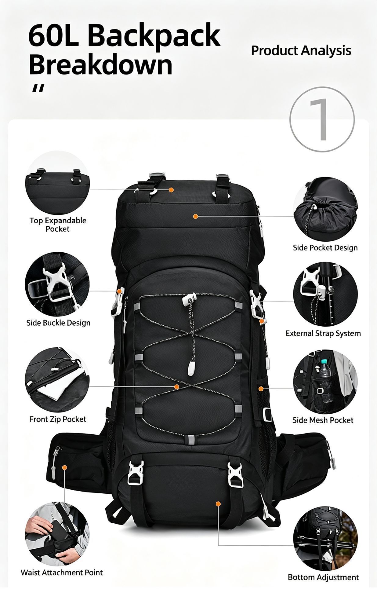 Adjustable Volume Outdoor Rucksack 60L Red, Nylon Travel Backpack With Rain Cover, Durable Pack for Hiking & Camping Trips — image 3