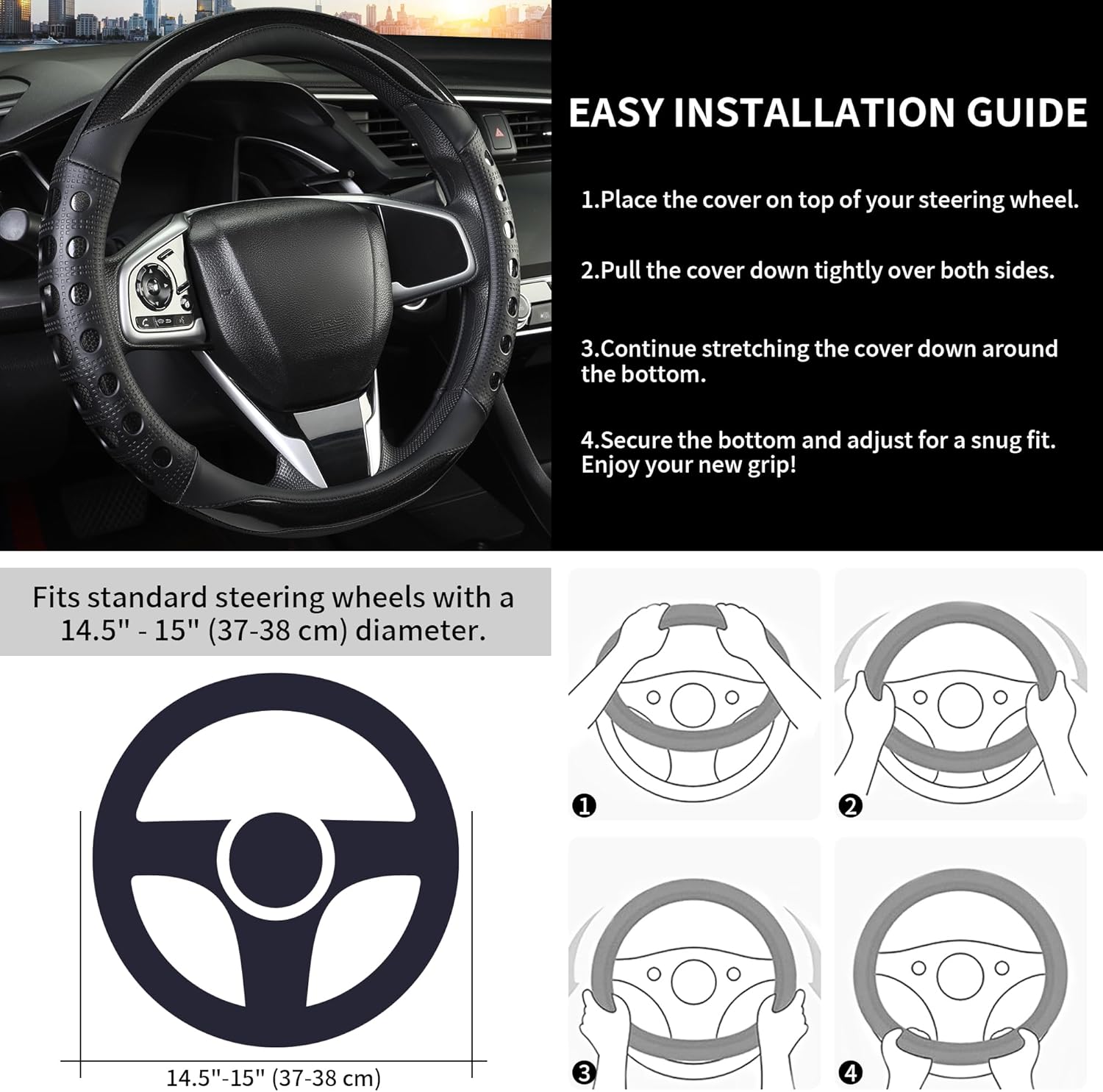 PU Leather Car Steering Wheel Cover with Non-Slip Grip, Suitable for Both Men and Women, Universal Fits 14.5-15 Inch Cars, Trucks, SUVs (Black (Round), Medium — image 5