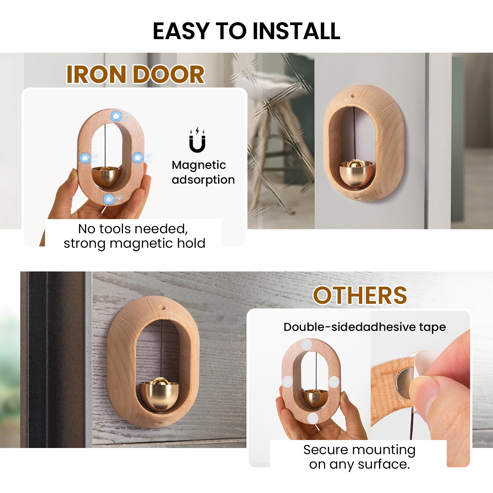 1 Piece Vintage Wooden Door Bell with Copper Chime and Magnetic Mount for Entryways and Bedrooms, Beech Tall Oval Design — image 3