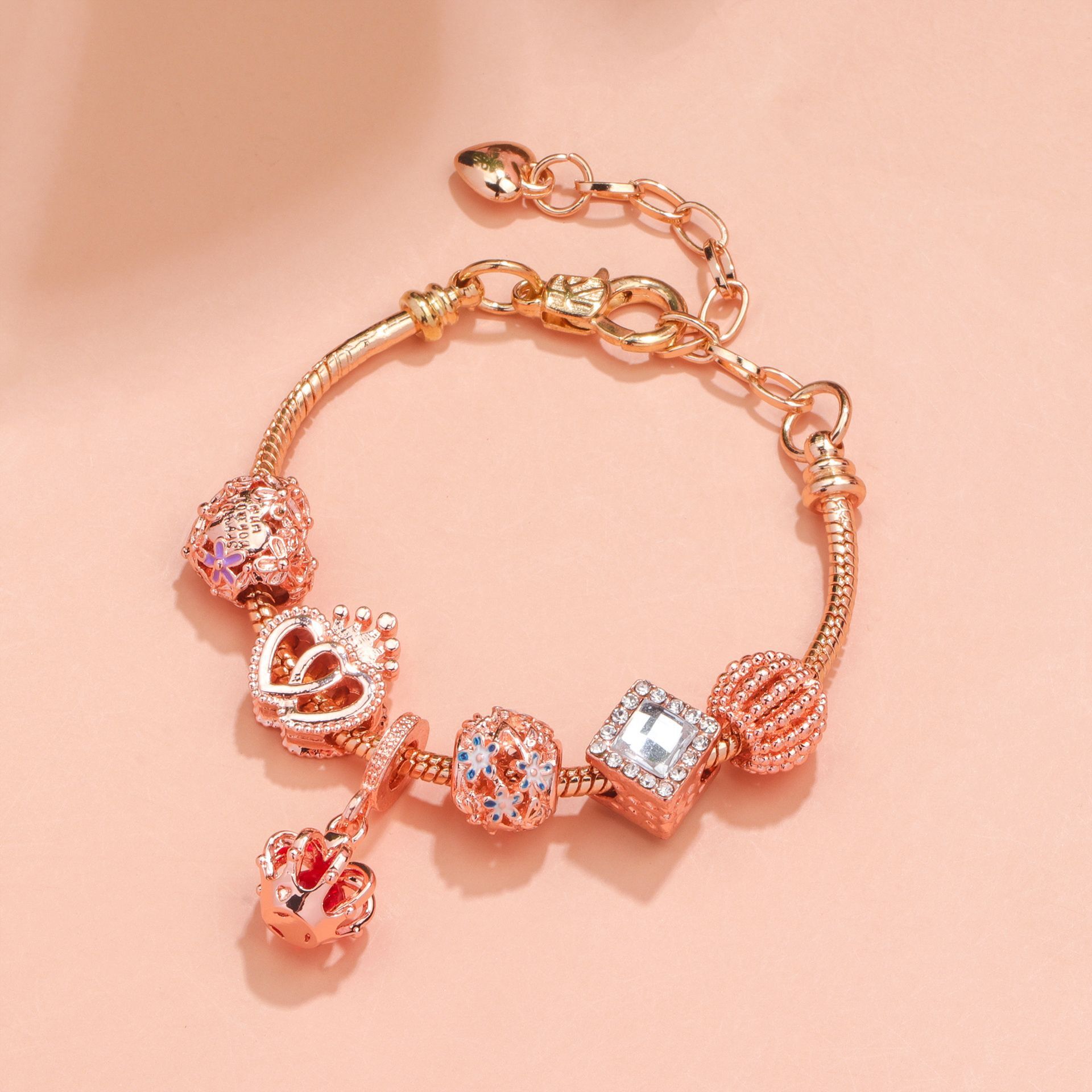 Hollow-out Rhinestone Heart Flower Charm Bracelet(rose gold, 19cm) โ image 4