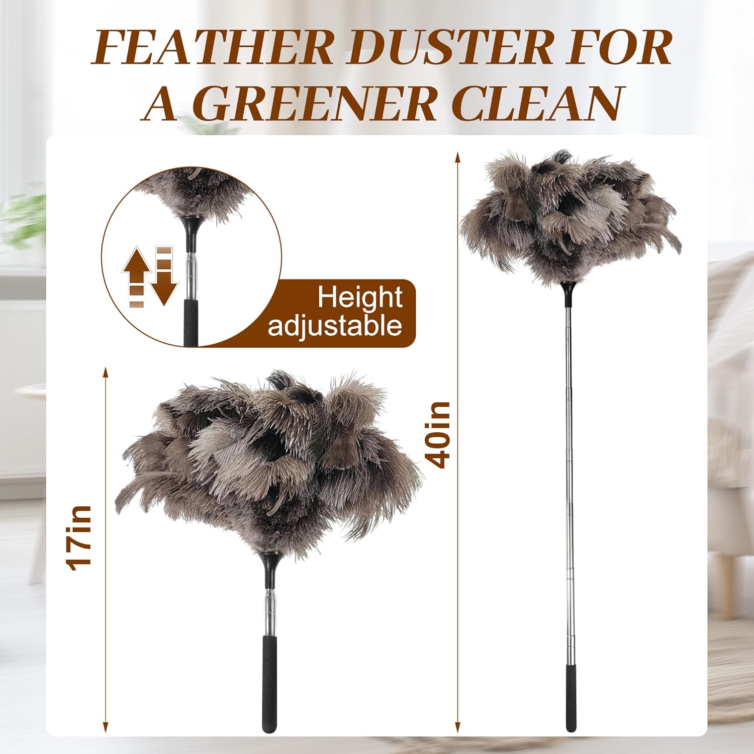 40 inches Extendable Ostrich Feather Duster， Fluffy Long Handle Reusable Duster for Cleaning Ceiling Fans, Pendant Lamps, High Ceilings, Blinds, and Furniture — image 2