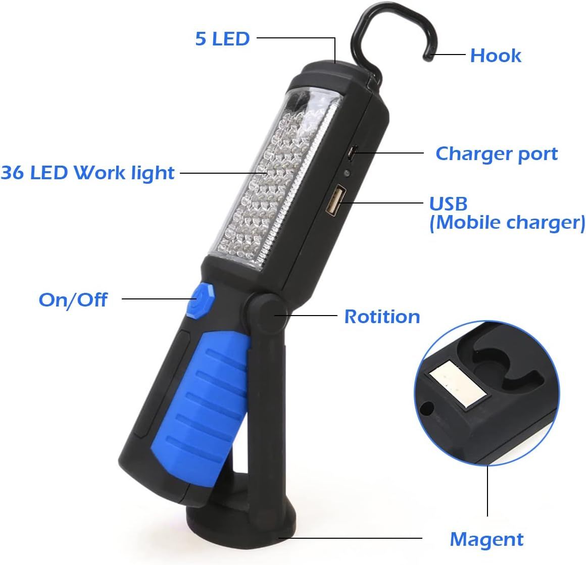 Multi-Function LED Work Light - USB Rechargeable Magnetic Flashlight with 360° Rotation, Waterproof Portable Lantern for Auto Repair, Camping & Emergency — image 2