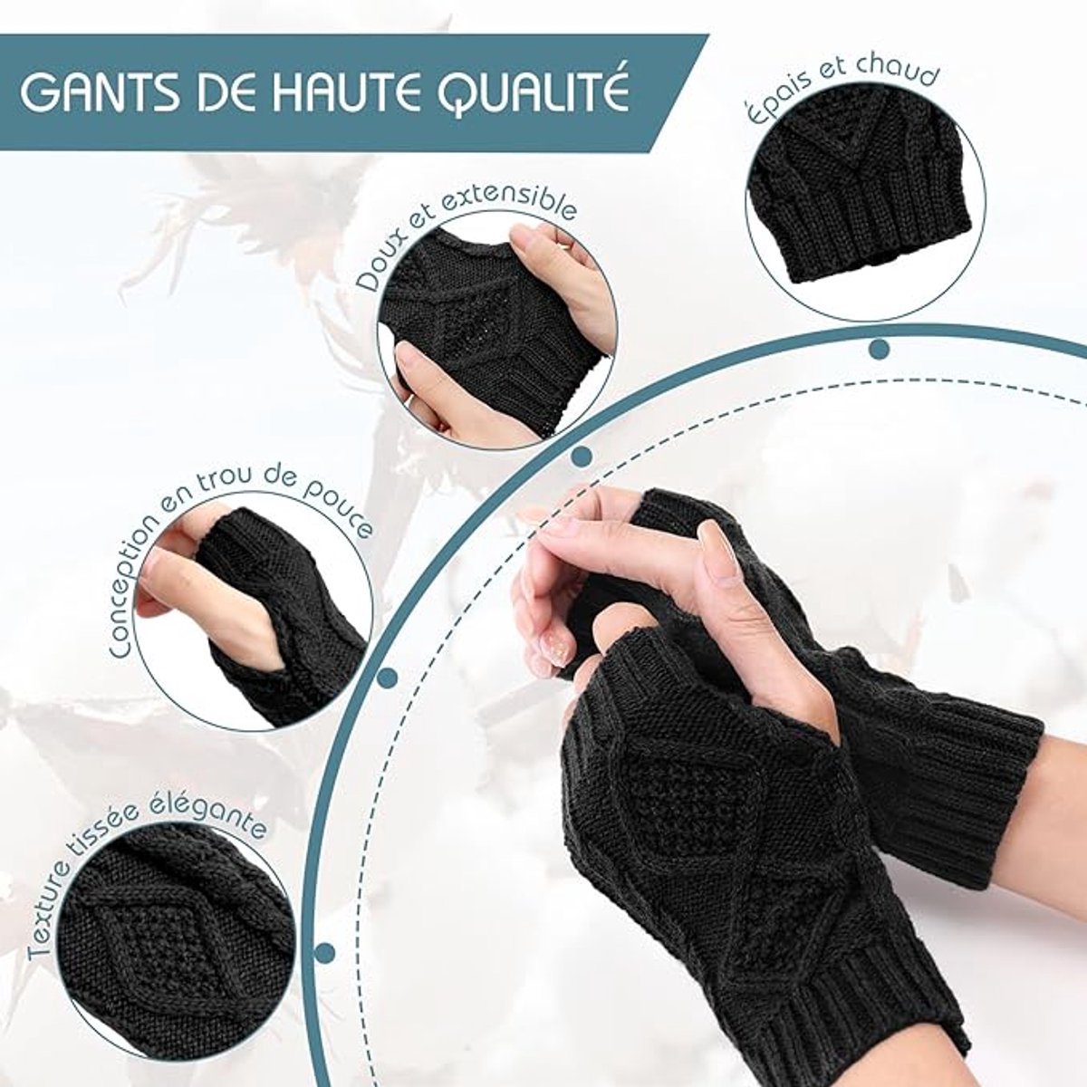 2 Wristbands - Fingerless Gloves - Knitted Women's - Wristbands - Long Knitted Wristbands - Winter Gloves - Warm - Unisex - Black + Dark Gray โ image 2
