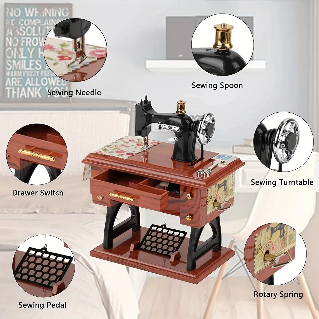 Vintage Sewing Machine Music Box – Winding Out Melodies of Time, Preserving Memories of the Years — image 4