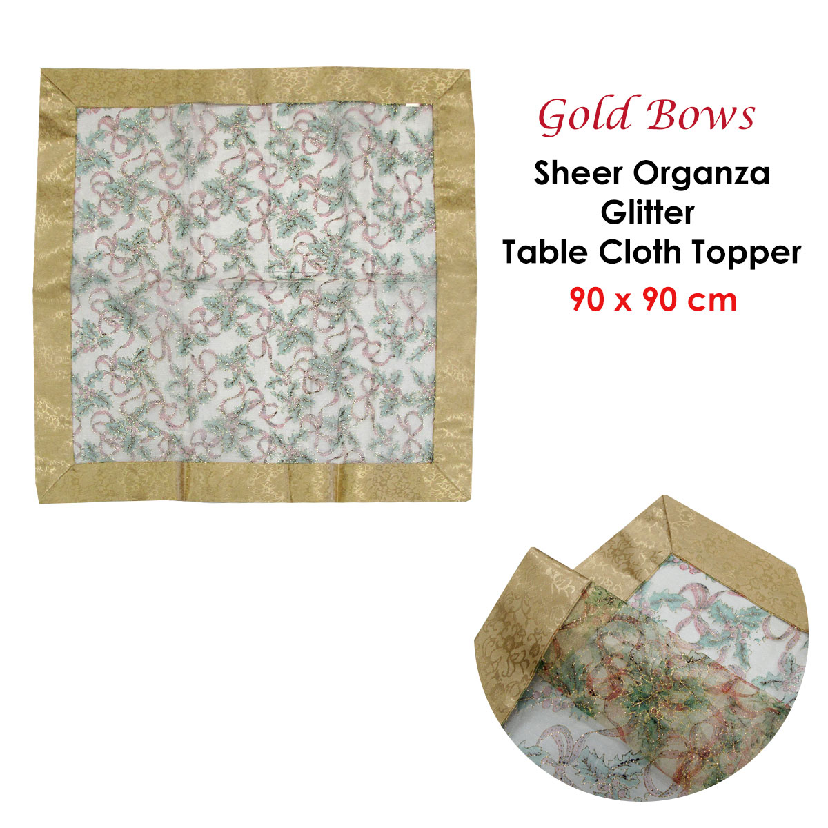 Christmas Gold Bows Sheer Organza Glitter Table Cloth Topper 90 x 90 cm โ image 2