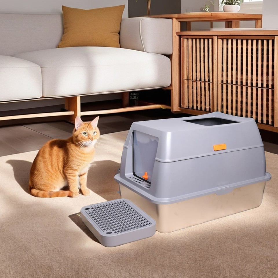 65L Big Cat Stainless Steel Litter Box With Lid High Wall With Triple Pedal Gray — image 4