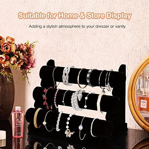 1Pack Velvet Bracelet Holder with 3 Tier Rack, Black Detachable Jewelry Display Stand T-Bar Necklace Storage Organizer for Bangles Watch Bracelets Scrunchies — image 2