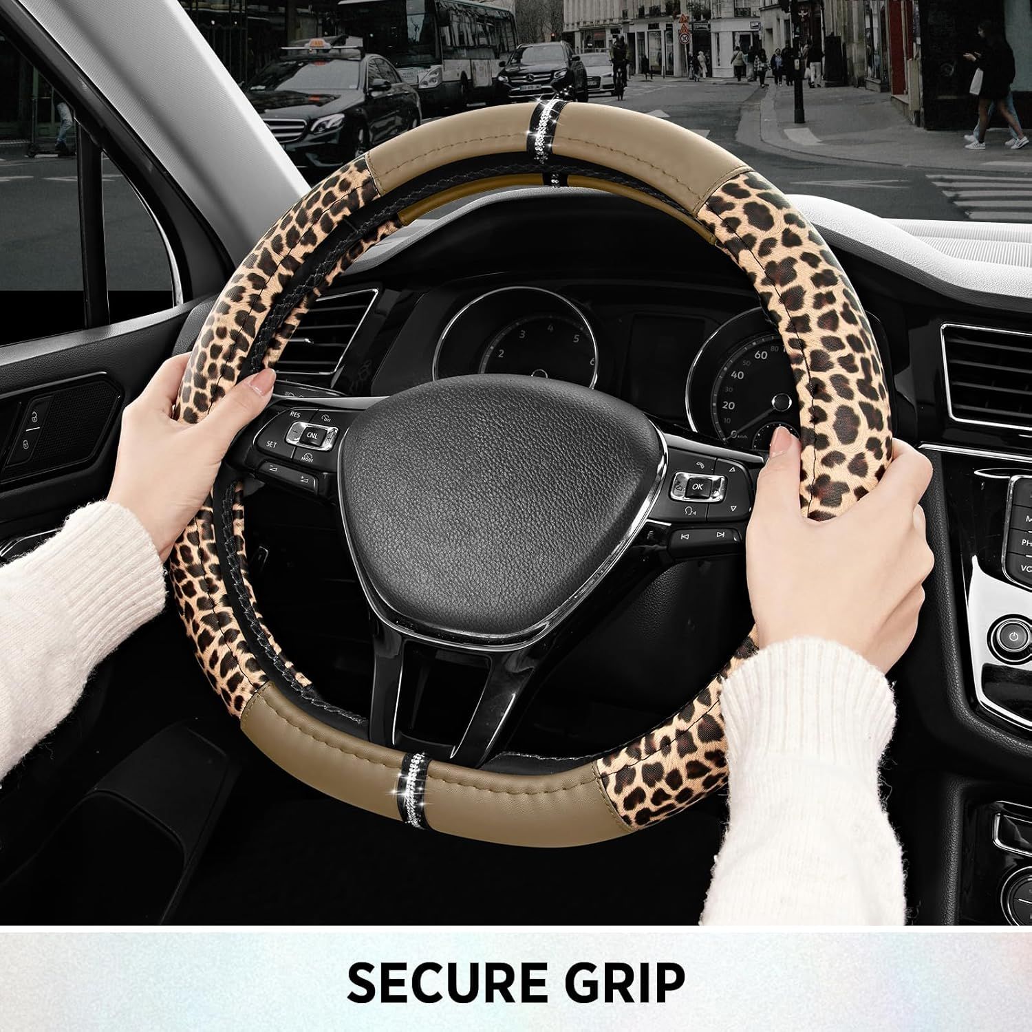 Leopard Steering Wheel Cover for Women, Cute Anti-Slip Microfiber Leather, Fits D Shape Flat Bottom Steering Wheel 14.5-15 Inch - Beige โ image 5