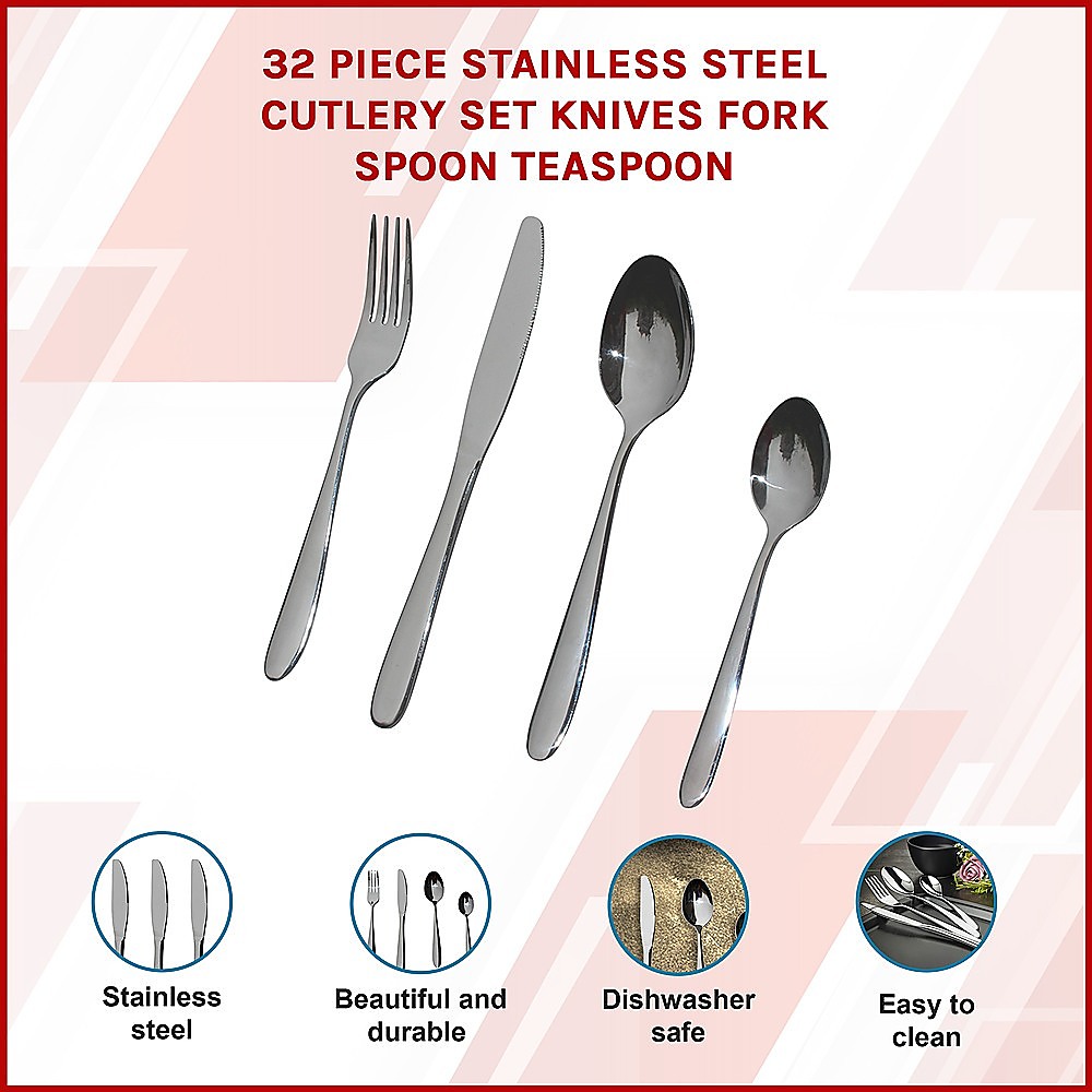 32 Piece Stainless Steel Cutlery Set Knives Fork Spoon Teaspoon — image 3