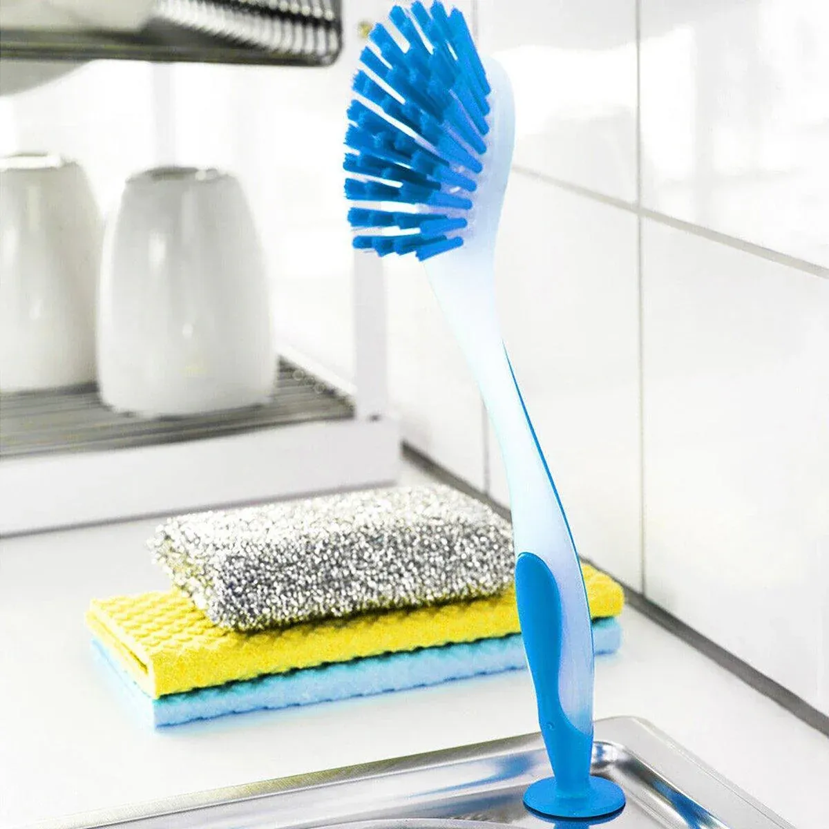 Multi Functional Long Handle Cleaning Brush Vertical Suction Kitchen Brush - Red — image 4