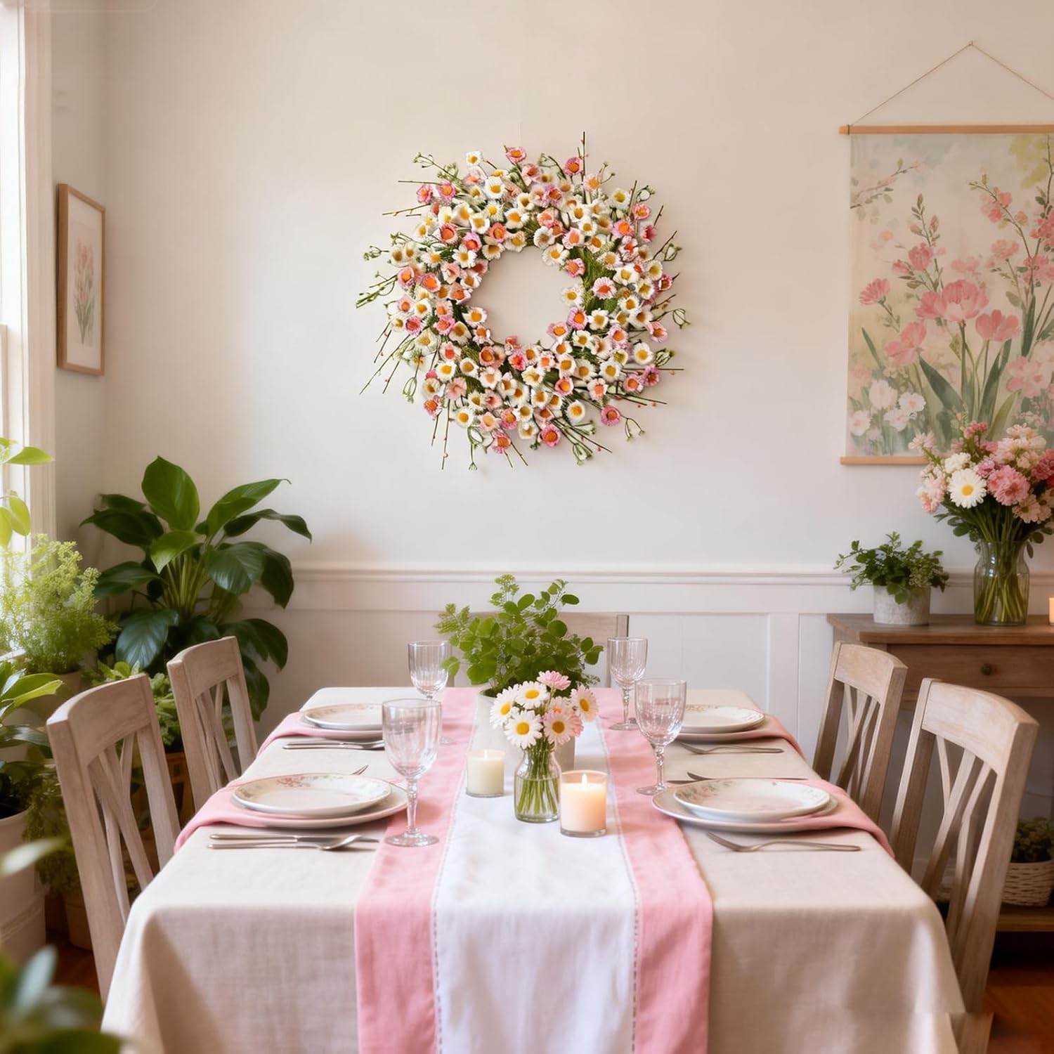 24 Inch Spring Wreaths for Front Door - Artificial Flower Wreath with Baby Pink & Cream Daisy, Summer Floral Wreath for Front Door, Farmhouse Spring Door โ image 5