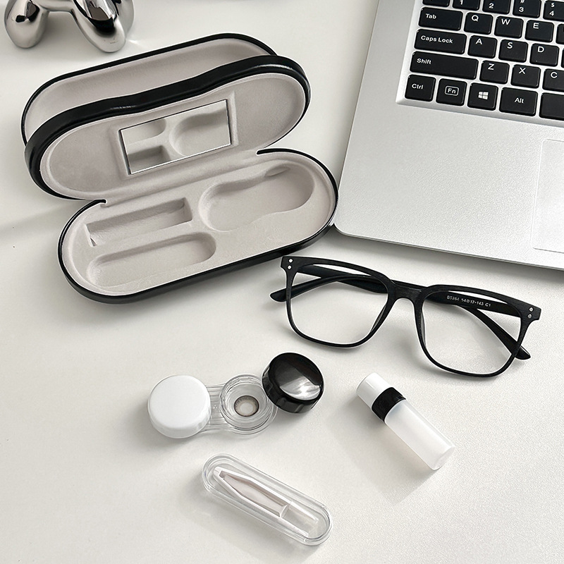 Premium Eye Care Travel Set: 2-in-1 Black Dual-Layer Leather Eyewear Case and Smart Ultrasonic Contact Lens Cleaner with Mirror & Lens Care Kit — image 4