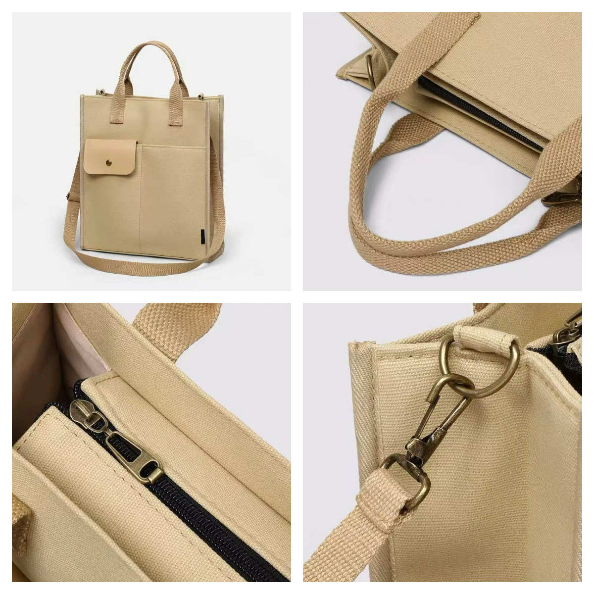 White Unisex Canvas Tote Bag - Structured Vertical Shoulder Satchel with Front Pocket - Lightweight Crossbody for Work, Uni & Daily Commute โ image 5