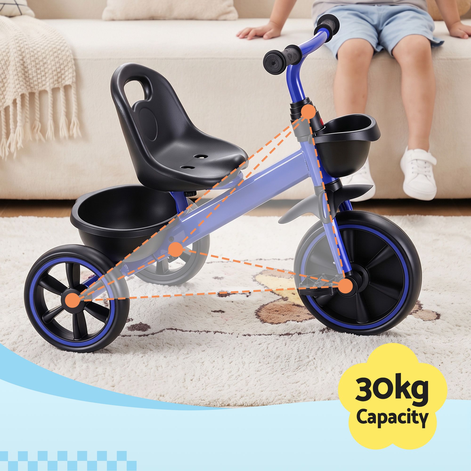 RIGO Tricycle Bike, Kids Bike with 3 wheels, basket Carbon Steel 68cm Blue โ image 6