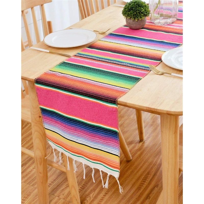 Handwoven Fringe Cotton Blanket Table Runners, Colorful Mexican Stripe Table Runner for Mexican Party Decorations, 14in x 84in — image 3