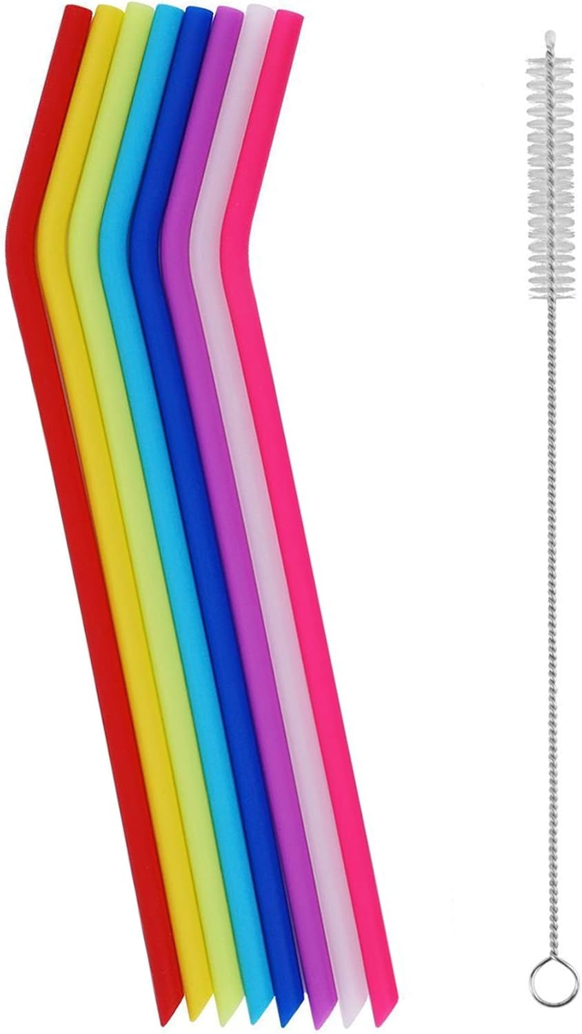 8 Pack Reusable Regular Size Silicone Drinking Straws with 1 Cleaning Brushes, Extra long Flexible Coffee Drinking Standard Size Straws for 20oz and 30oz