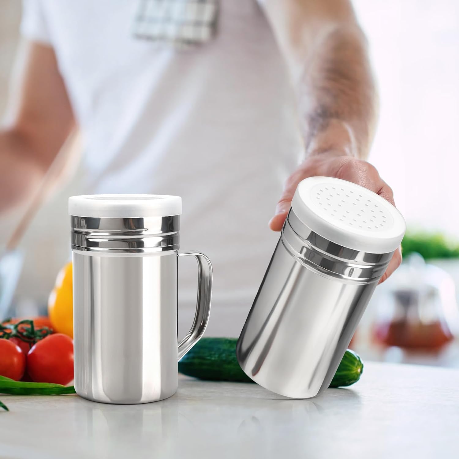 2pcs Stainless Steel Dredge, Salt Pepper Dredge Shakers with Handle, Seasonings Spice Shakers with Lid, 14 Ounce — image 5