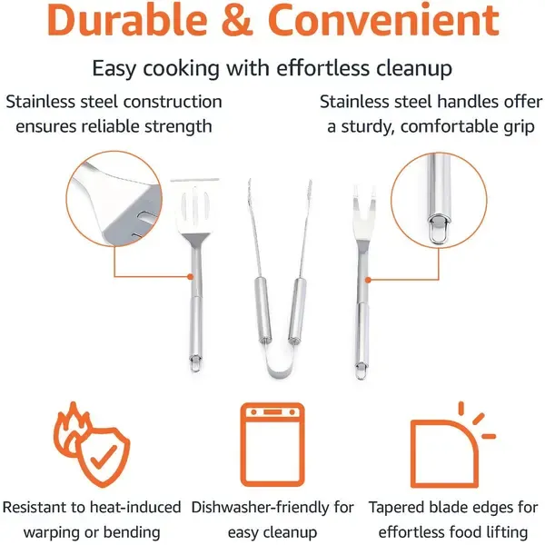 3 Piece Stainless Steel BBQ Grill Tool Set with Spatula, Fork, Tongs and Carrying Bag for Camping and Outdoor Grilling — image 5