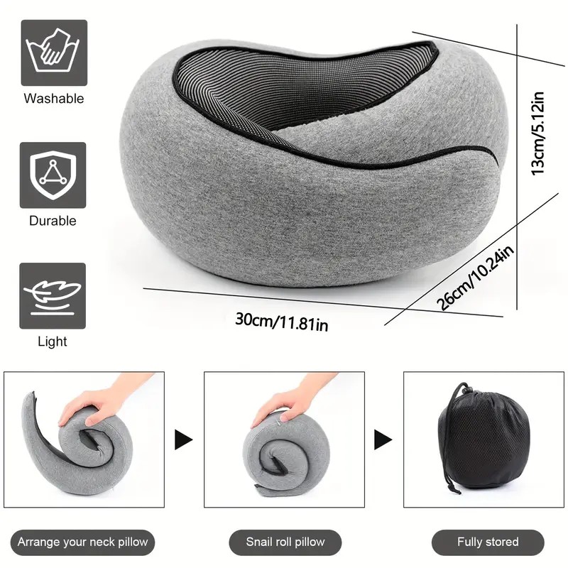 light grey Snail Airplane Neck Pillow – Travel pillow with soft supportive design, ideal for sleep, cars, trains, the office, and home use. Includes a washable — image 4